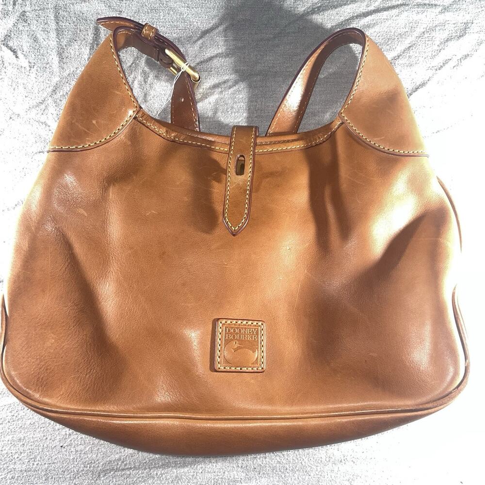 Dooney & Bourke Cognac Brown Leather Shoulder Bag Red Lining Hobo Style Classic